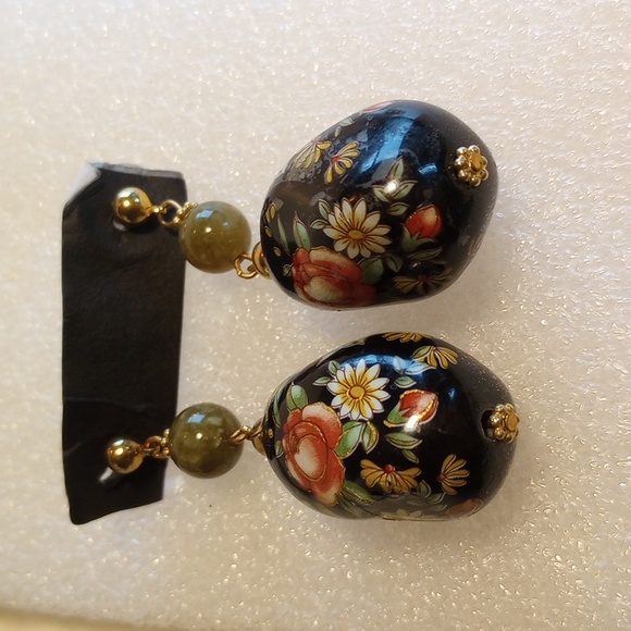 VINTAGE CLOISONNE HAND PAINTED PORCELAIN DANGLE/DROP EARRINGS 2 1/4" LONG. - Picture 6 of 6